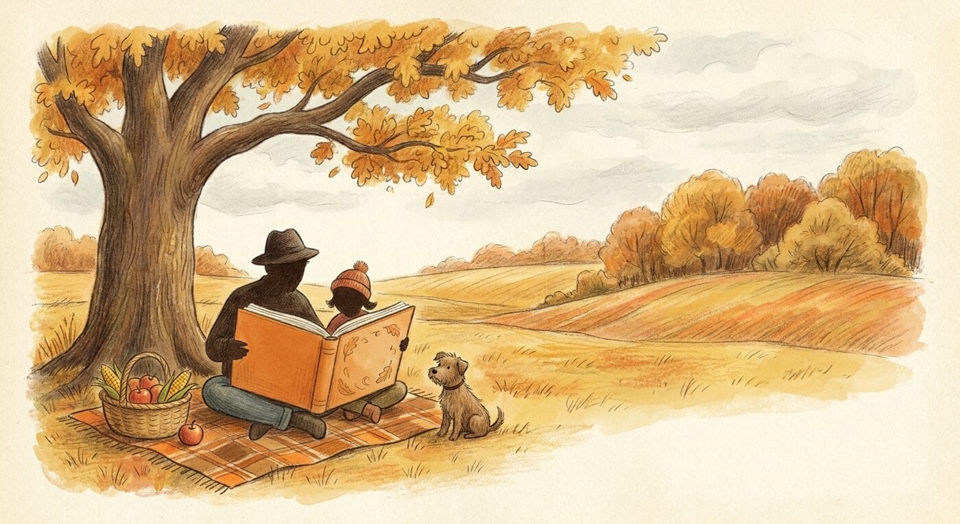 A parent and child read a large picture book on a plaid picnic blanket under a golden autumn tree, with a basket of apples and corn and a small dog sitting nearby