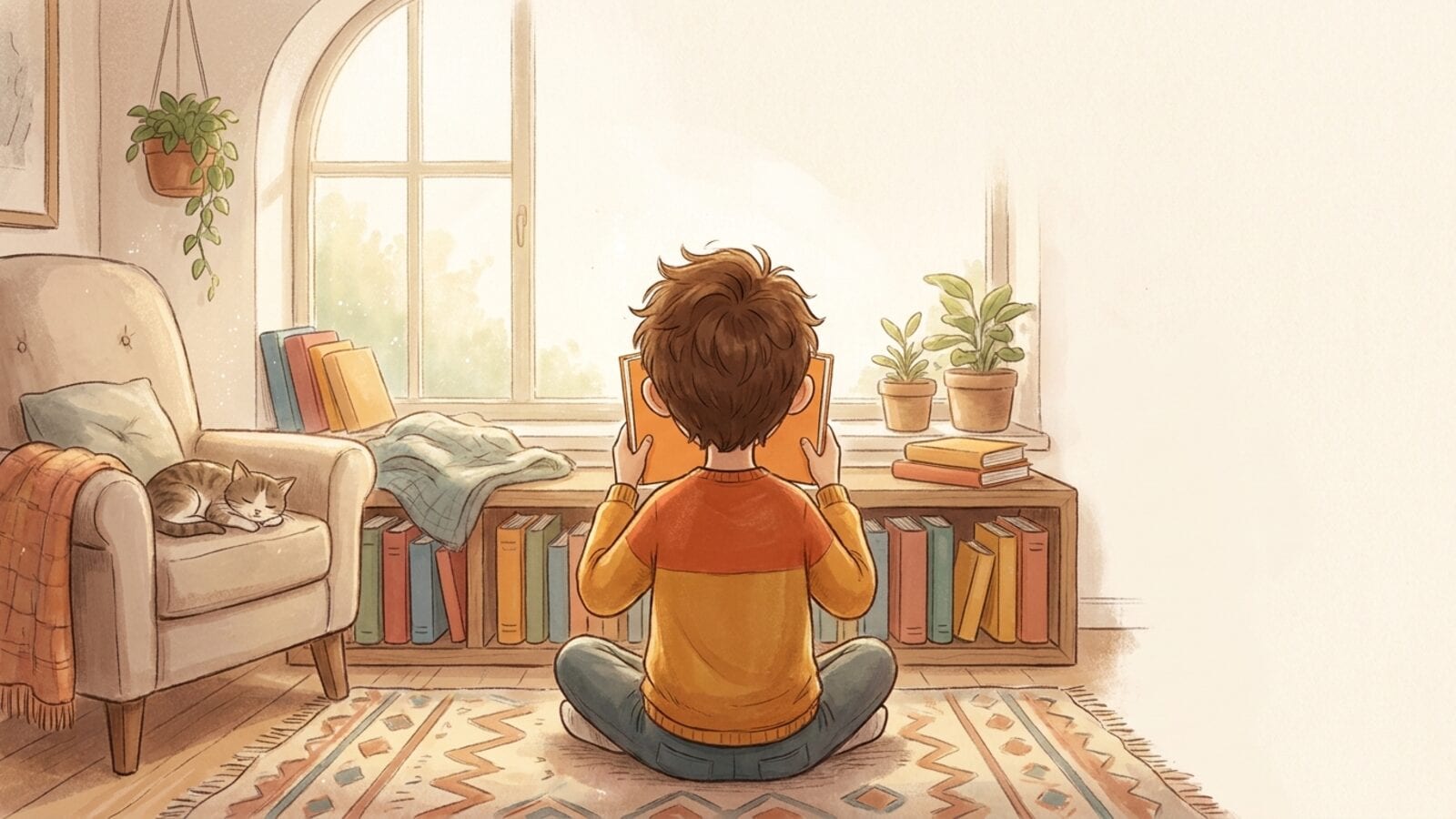 A boy in an orange and yellow sweater sits cross-legged on a patterned rug, reading a plain orange paperback in front of a low shelf of colorful books.