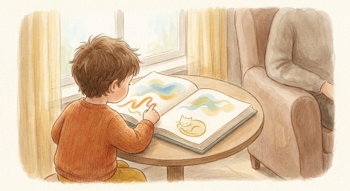 A young child seen from behind at a small round table by a window, tracing a finger across an open picture book with a sleeping cat drawing, while a parent sits in an armchair nearby.