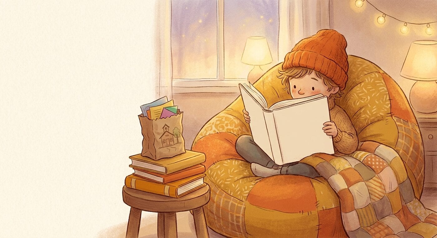 A child in a knit hat curled up in a beanbag chair at home, reading a new book beside a small stack of books and a paper bag from the fair