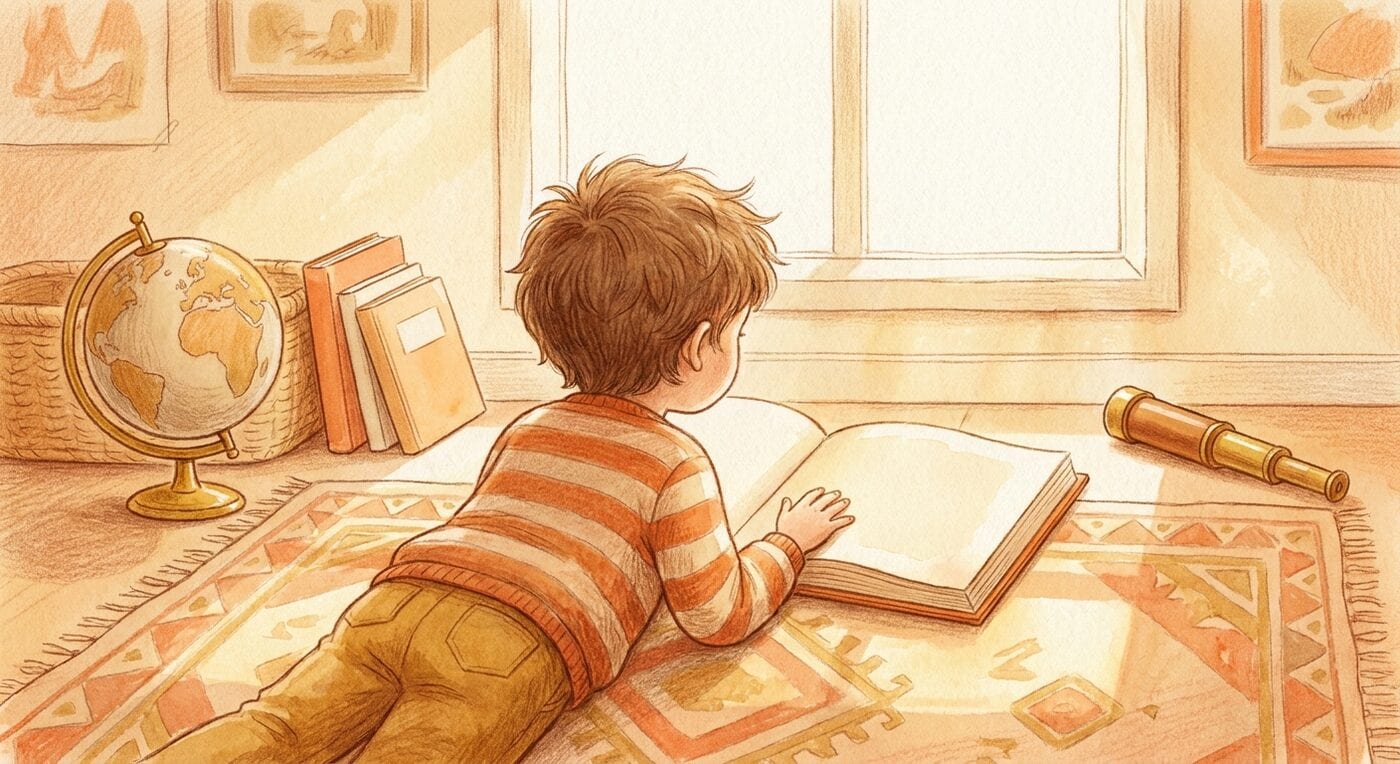 A young child lying on a patterned rug reading a book alone, next to a globe, a small telescope and a stack of books