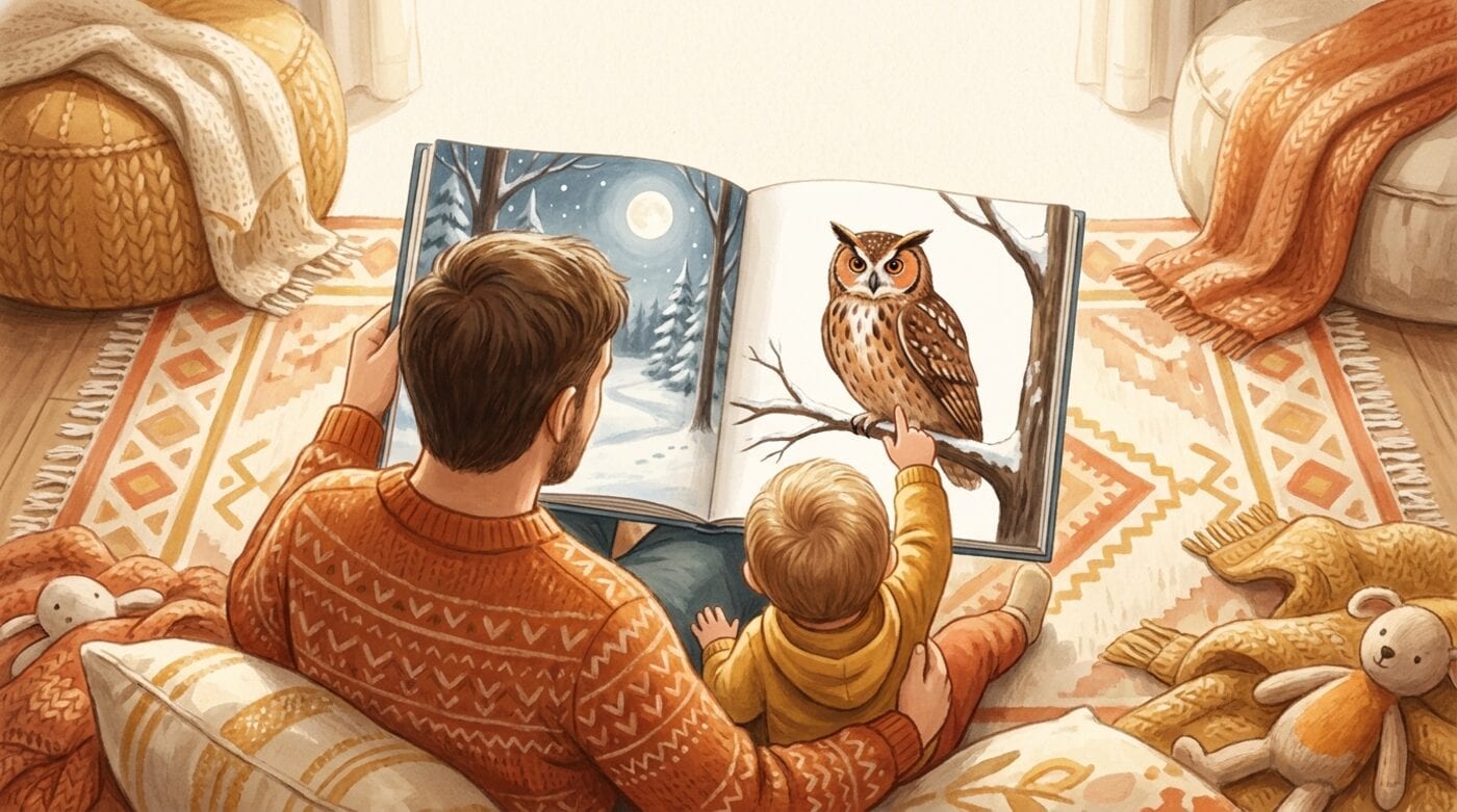 A parent and a small child seen from behind on a rug, the child pointing at a painted owl on a snowy branch in an open picture book