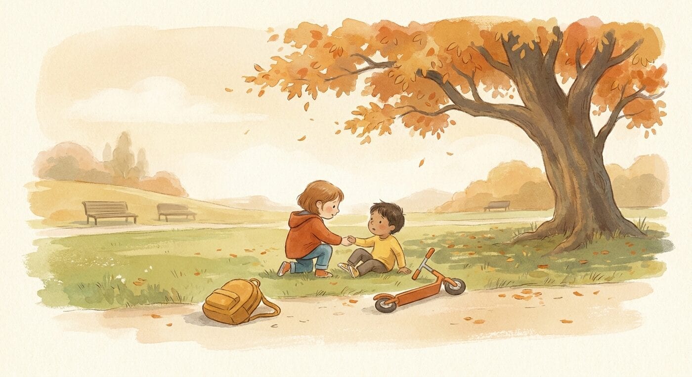 Two small children in a sunny park under an orange autumn tree, one kneeling to help the other up after a fall from a scooter, a golden backpack on the path.
