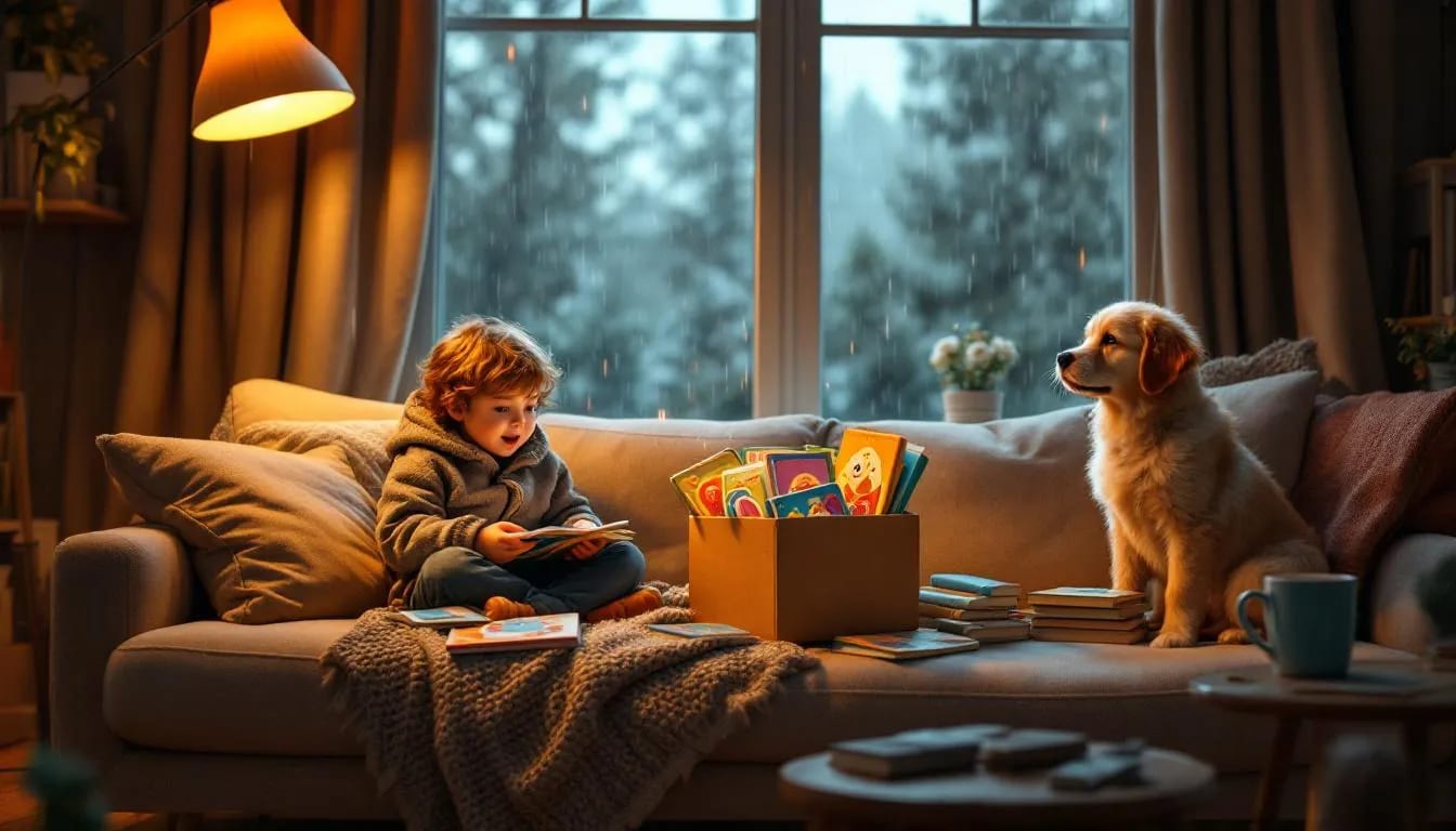 Child reading on a couch beside a golden retriever and a box of books