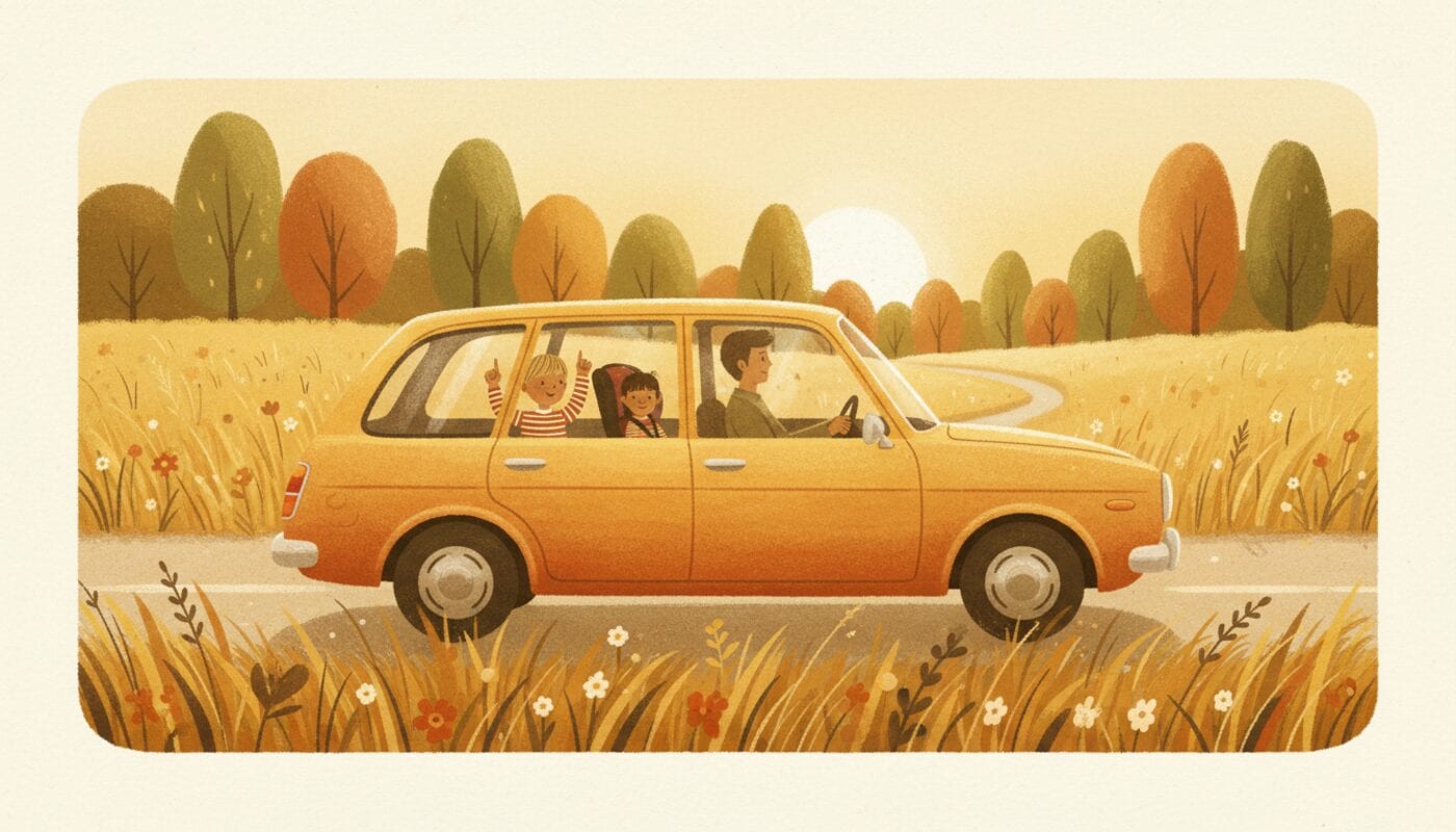 A small orange car drives along a country road at sunset past fall trees, with a child in the back seat raising a finger as if guessing an answer