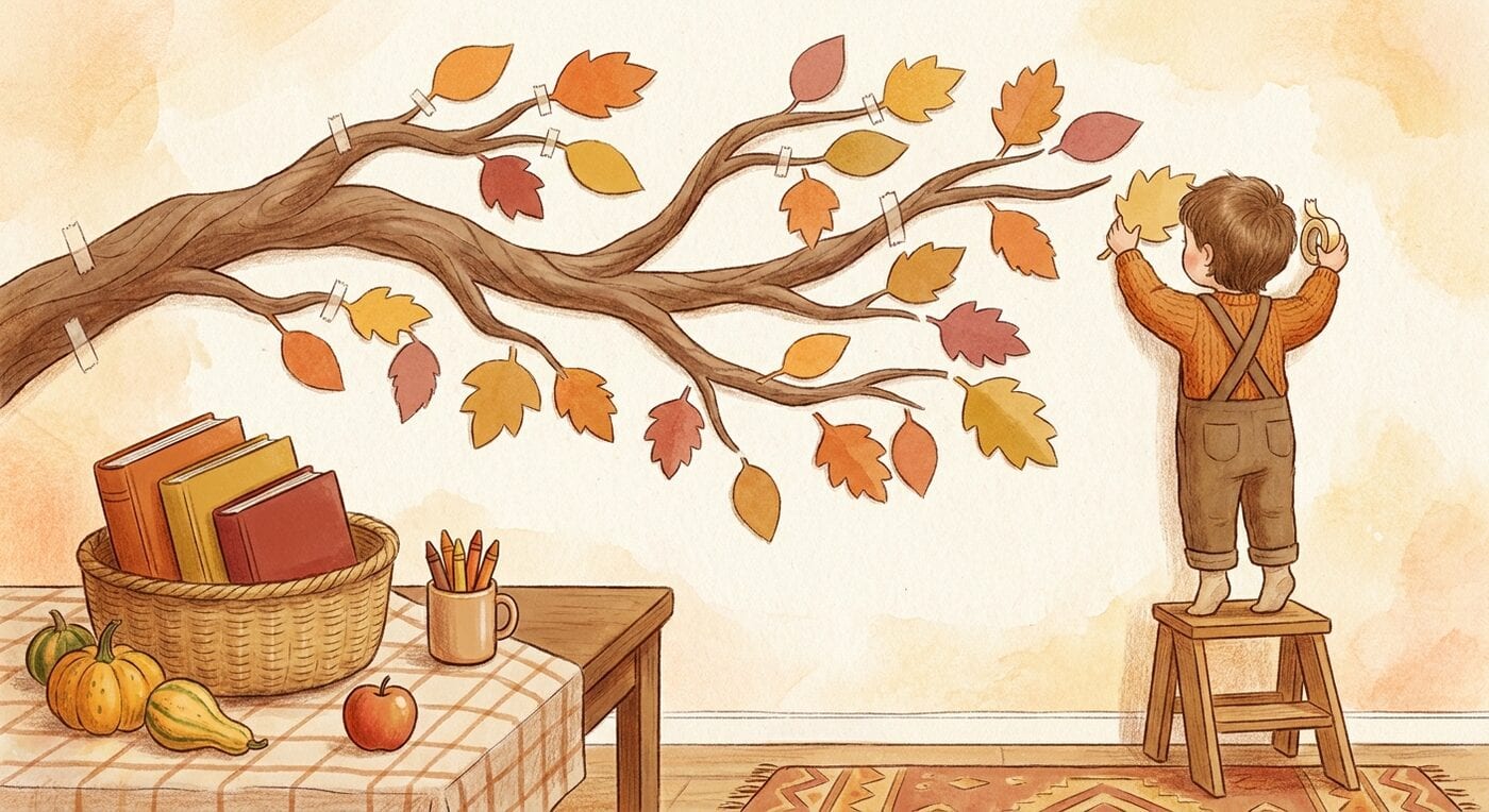 A child on a step stool tapes a paper leaf onto a paper branch on the kitchen wall, with a basket of picture books and small pumpkins on the table below