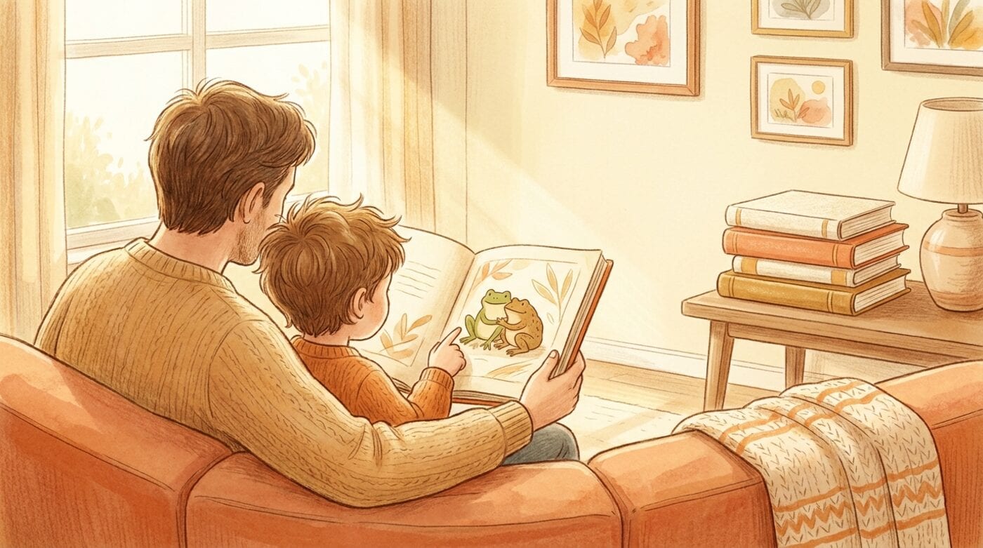 A parent and a six-year-old share a picture book on a sofa, the child pointing at a frog and a toad on the page