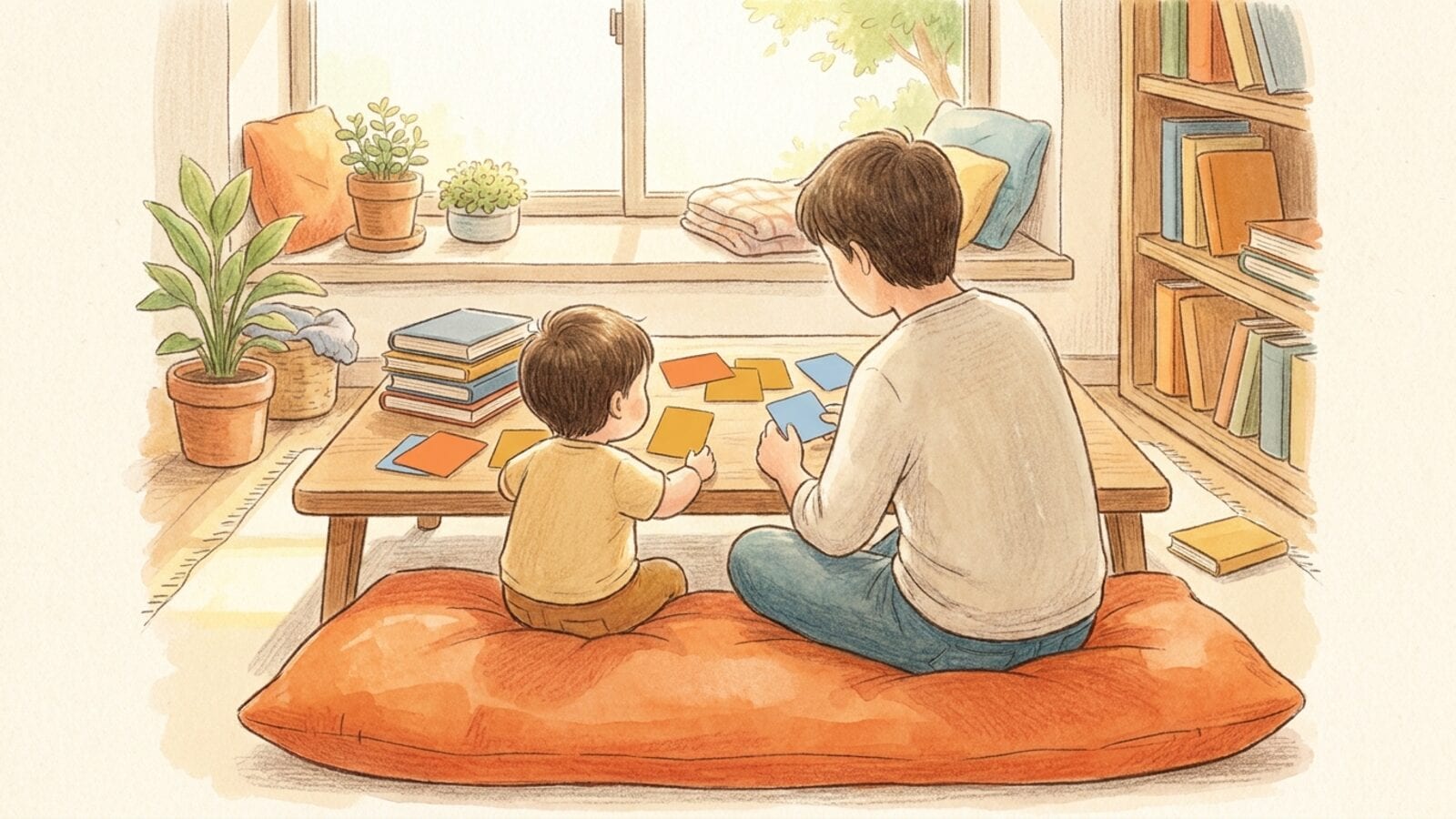 A parent and a small child seen from behind sit on an orange floor cushion at a low table, sorting plain colored cards beside a stack of books.