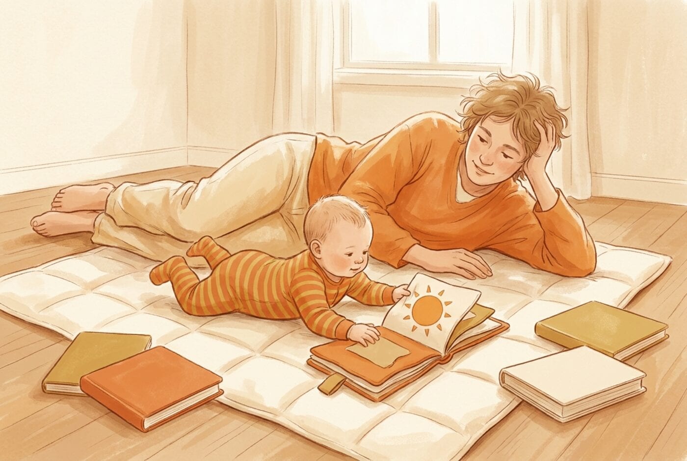 A parent lying on a play mat beside a five-month-old baby doing tummy time, the baby reaching for a soft book with a painted sun