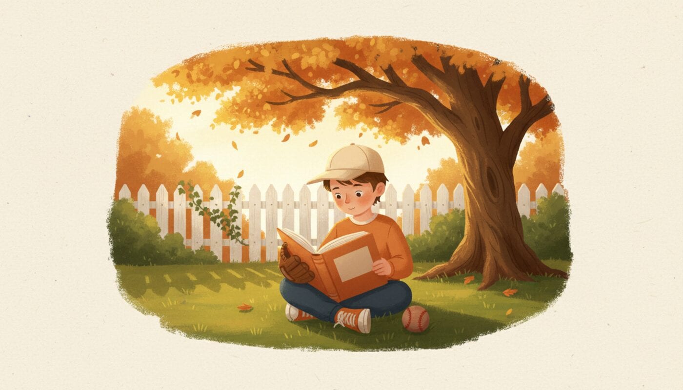 A child in a cap sits cross-legged on a backyard lawn under an autumn tree, a baseball glove on one hand and an open orange book on the knees, with a white fence and a baseball nearby.