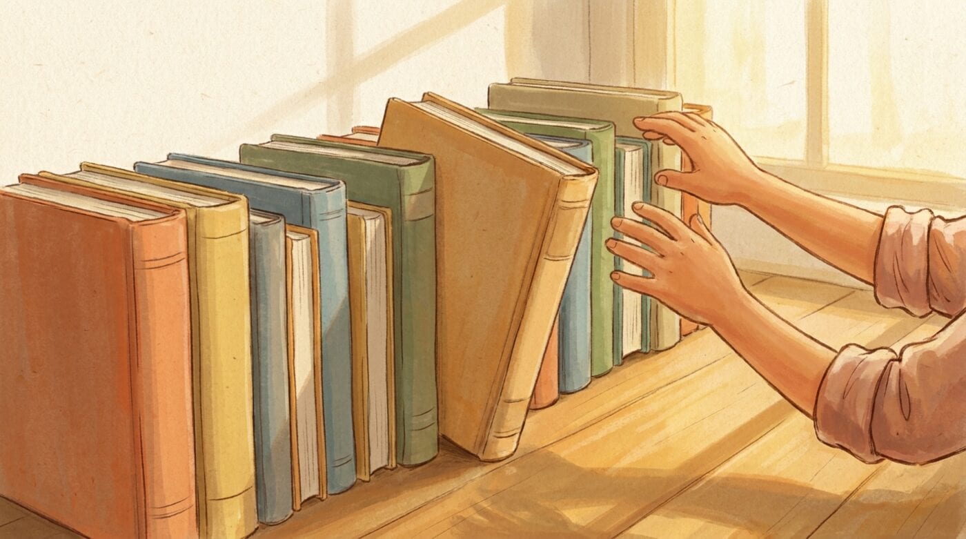A child's hands lining up a row of plain colorful books on a sunny wooden floor