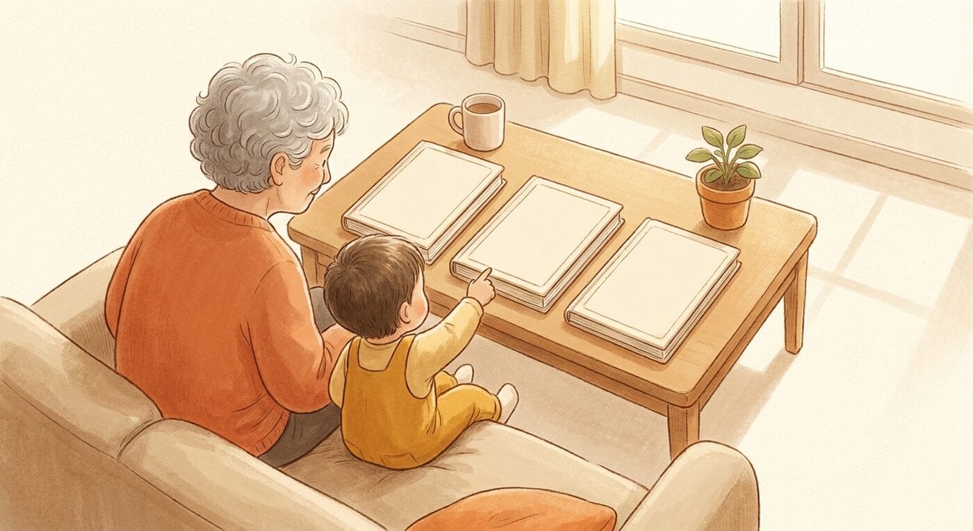 A grandmother and a toddler seen from behind on a sofa, choosing between three blank storybooks on a table