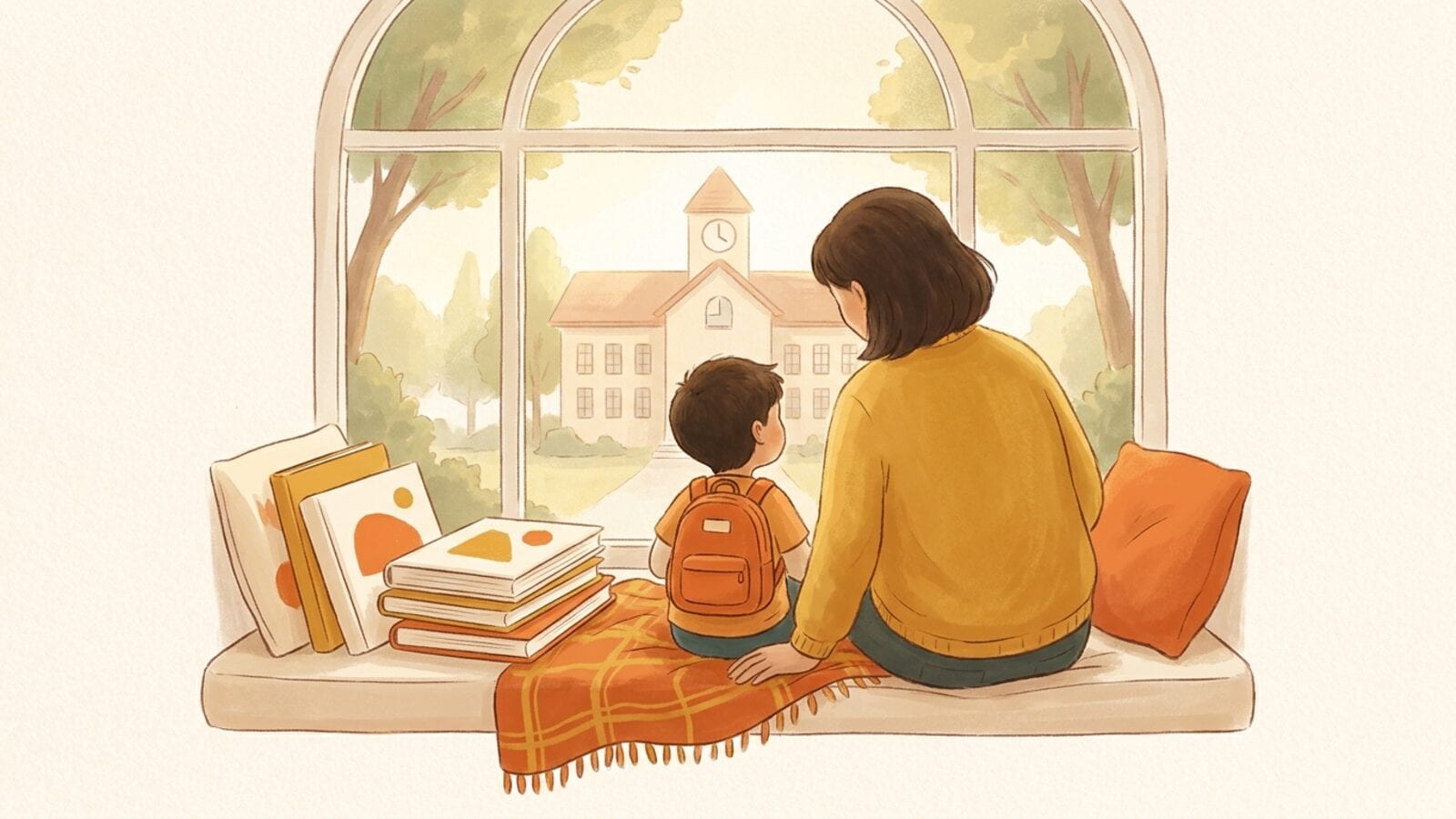 A parent and a five-year-old with a small orange backpack sit on a window seat beside a stack of picture books, looking out toward a school.