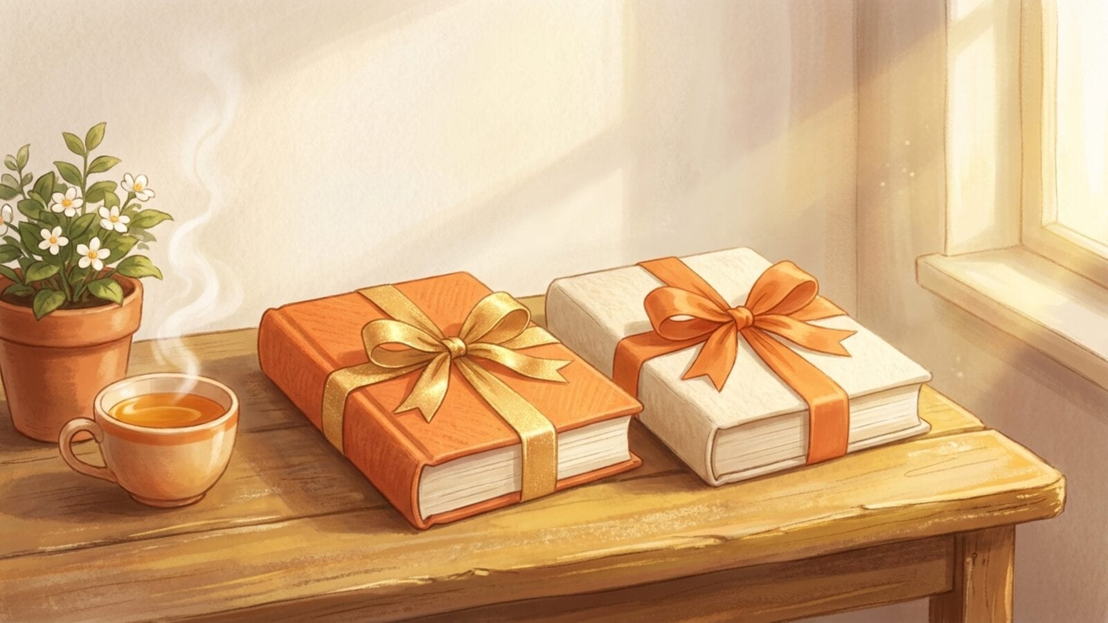Two wrapped storybook gifts, one in orange paper and one in cream paper, side by side on a sunny wooden table