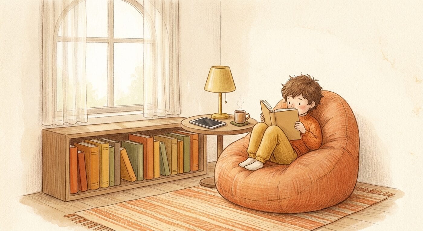 A child curled in an orange beanbag reads a book in a sunny nook beside a low shelf of colorful books and a tablet lying face down
