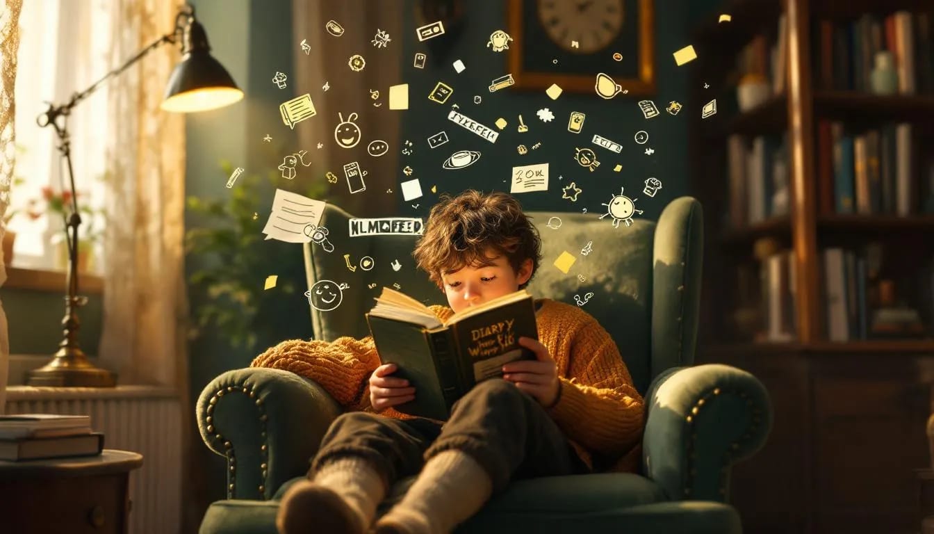 Boy reading in an armchair as doodles float above his head