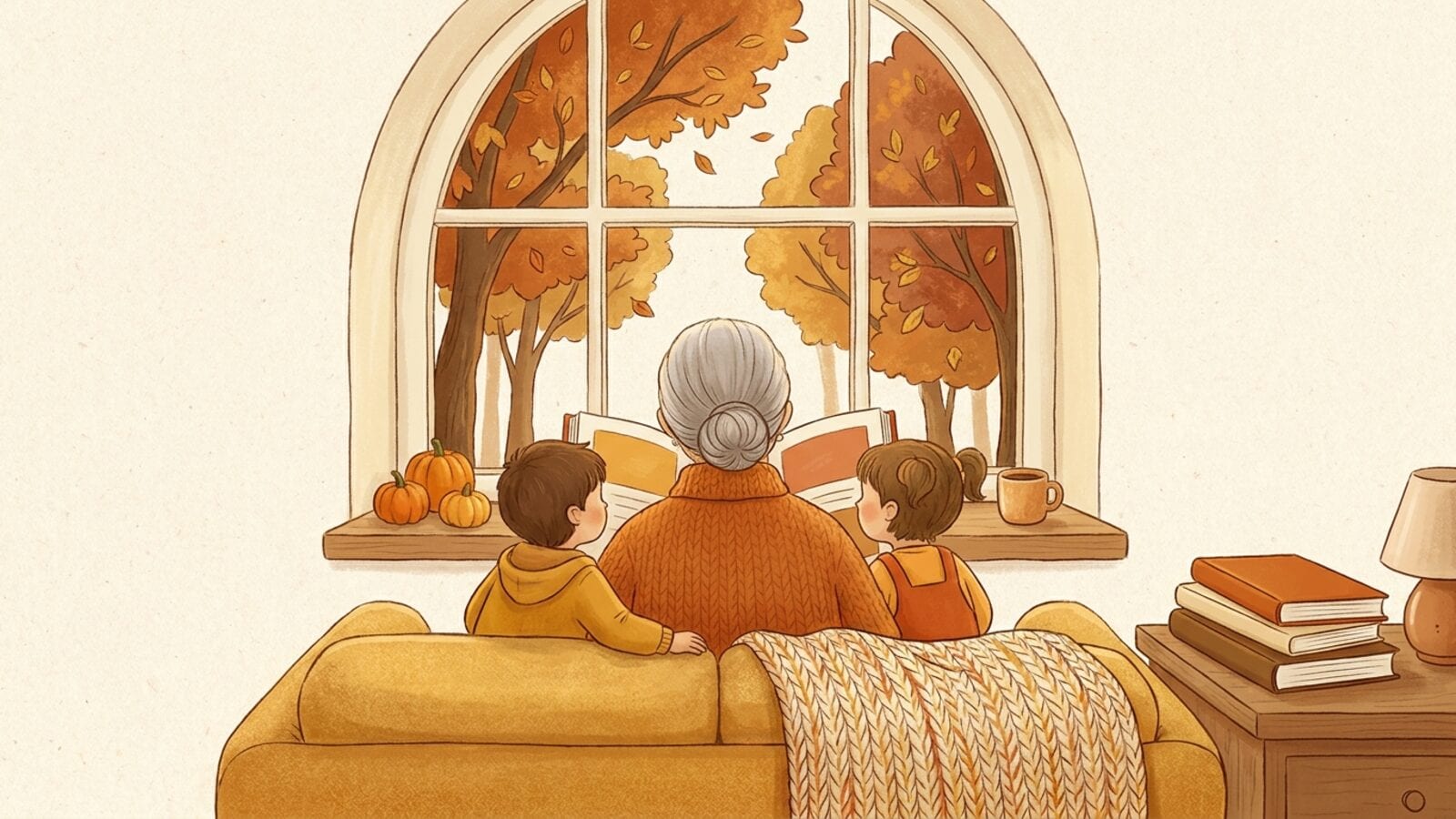 A grandmother reads a picture book to two small children on a yellow couch, seen from behind, with orange autumn trees outside the window and pumpkins on the sill.