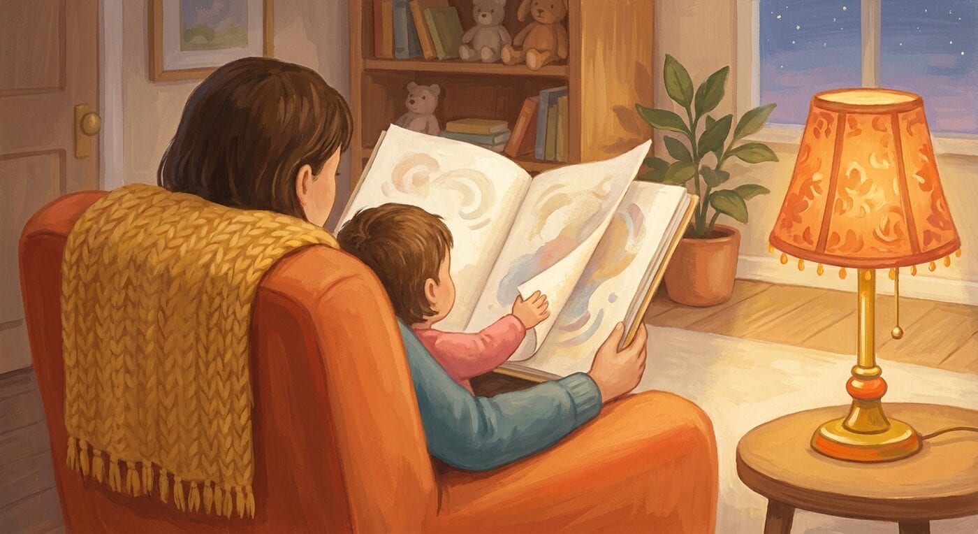 A parent reading a picture book to a small child on their lap in an armchair, both seen from behind in warm lamplight