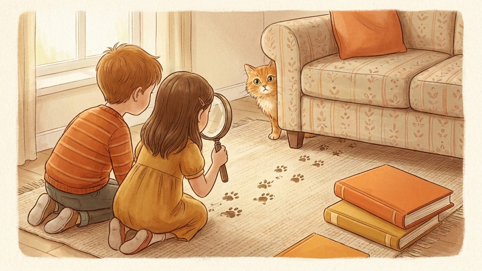 Two children seen from behind kneel on a living-room rug and follow small muddy paw prints with a magnifying glass, while a ginger cat peeks out from behind the sofa.