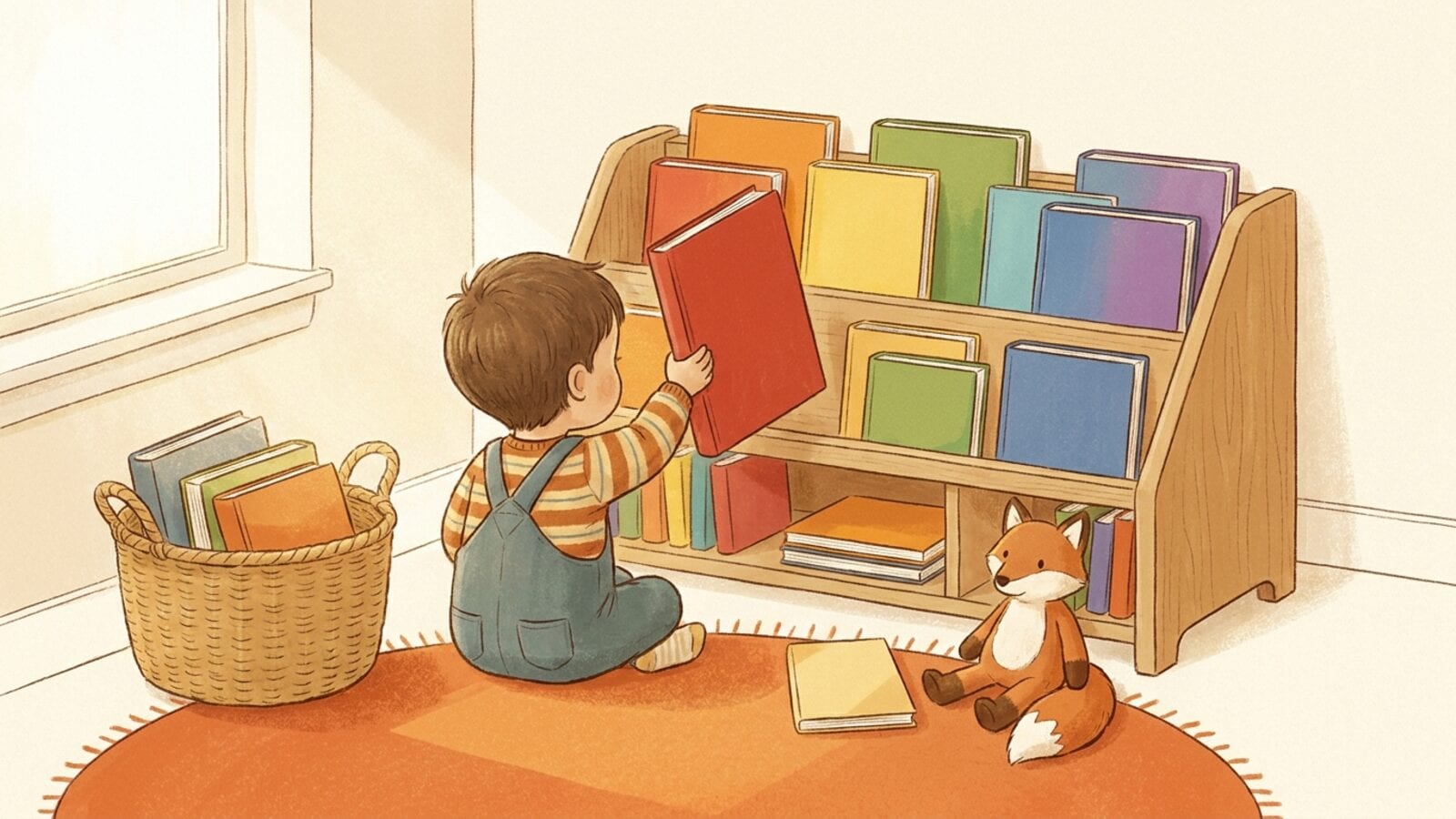 A small child seen from behind on an orange rug, pulling a red picture book from a low wooden shelf of colorful books, with a plush fox nearby.