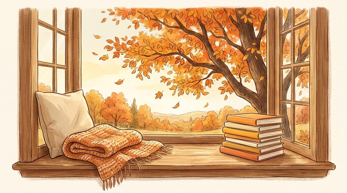 A cozy window seat with a folded knitted blanket, a cushion and a pile of blank-covered books on the sill, autumn leaves on a tree outside the window.
