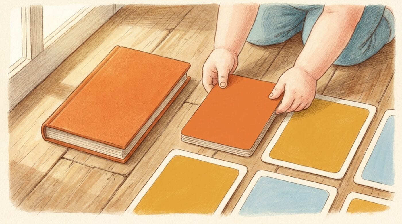 A child's hands turn over plain colored cards laid in a grid on a wooden floor for a memory game, beside a closed orange book
