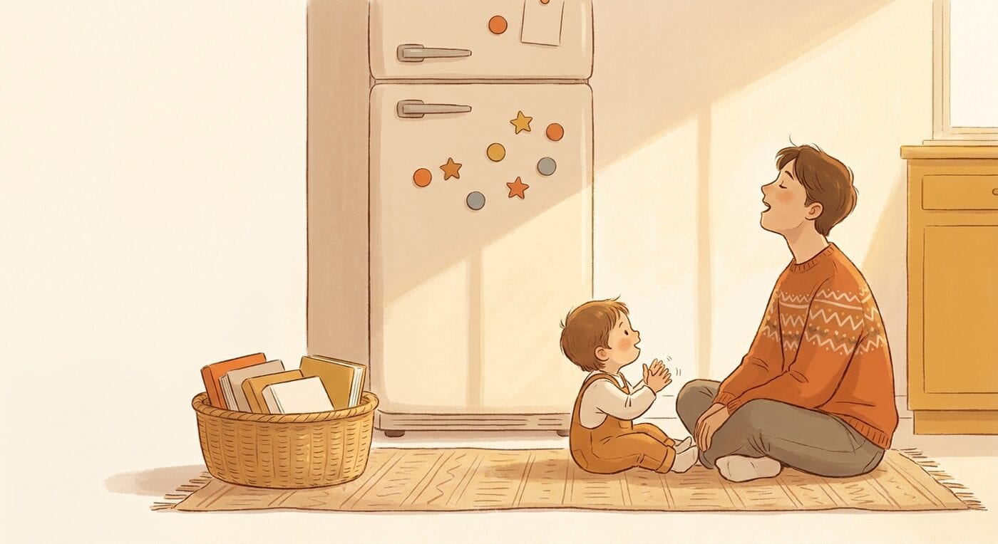 A parent singing with a toddler who claps along on a rug in front of a fridge covered in plain round and star-shaped magnets