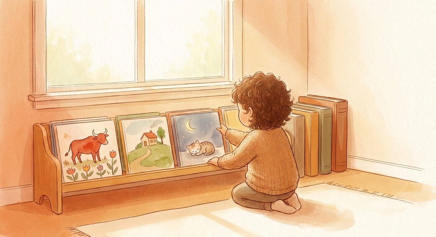 A child seen from behind kneeling at a low shelf of picture books with simple painted fronts, next to a short stack of thicker books