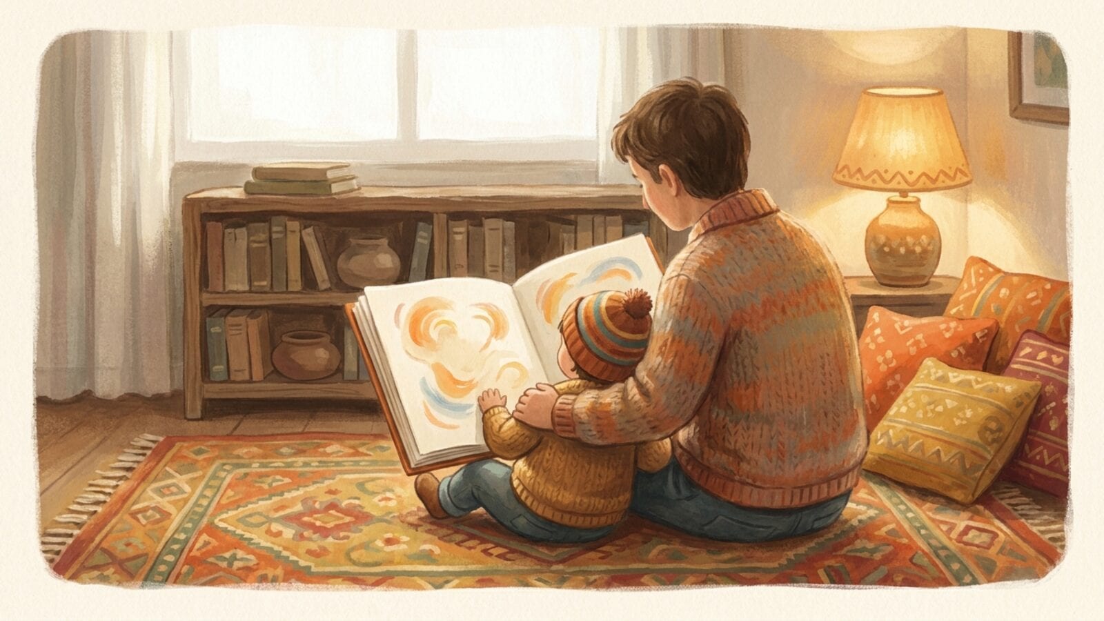 A parent and child sitting on a rug in front of a low bookshelf with an open picture book across their laps.