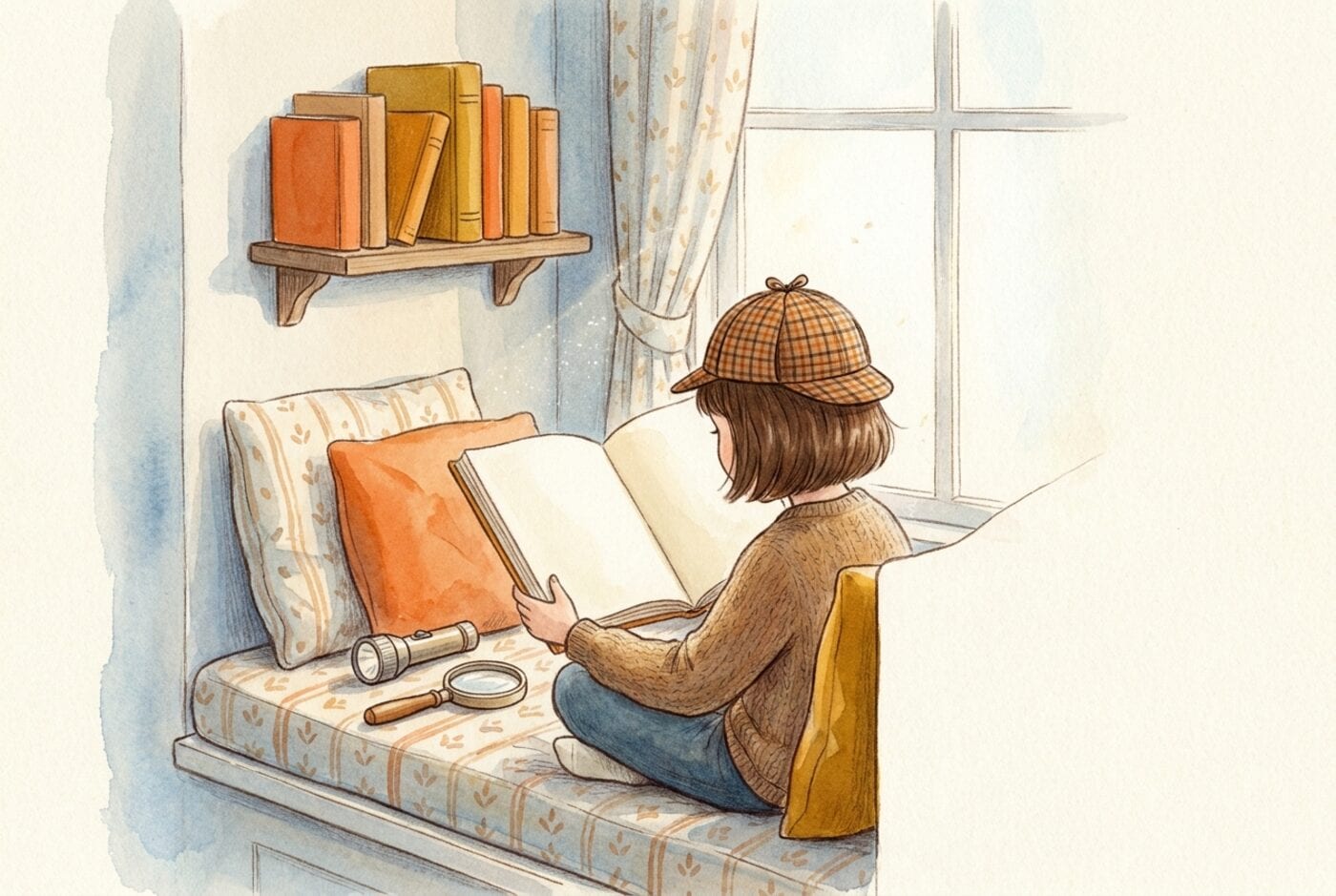 A child in a checked detective cap reads a chapter book on a window seat, with a toy magnifying glass and a flashlight on the cushion beside them.