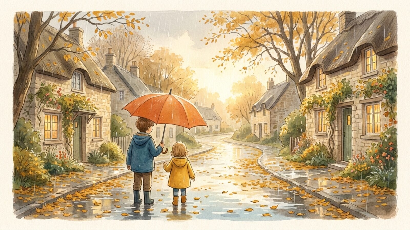 Two children seen from behind on a rainy village lane with golden autumn leaves, the taller child holding a big orange umbrella over both of them.