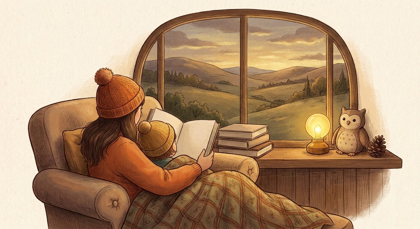 A parent and child in a big armchair under a plaid blanket, reading a book by a window at dusk, with a lamp and a toy owl on the sill