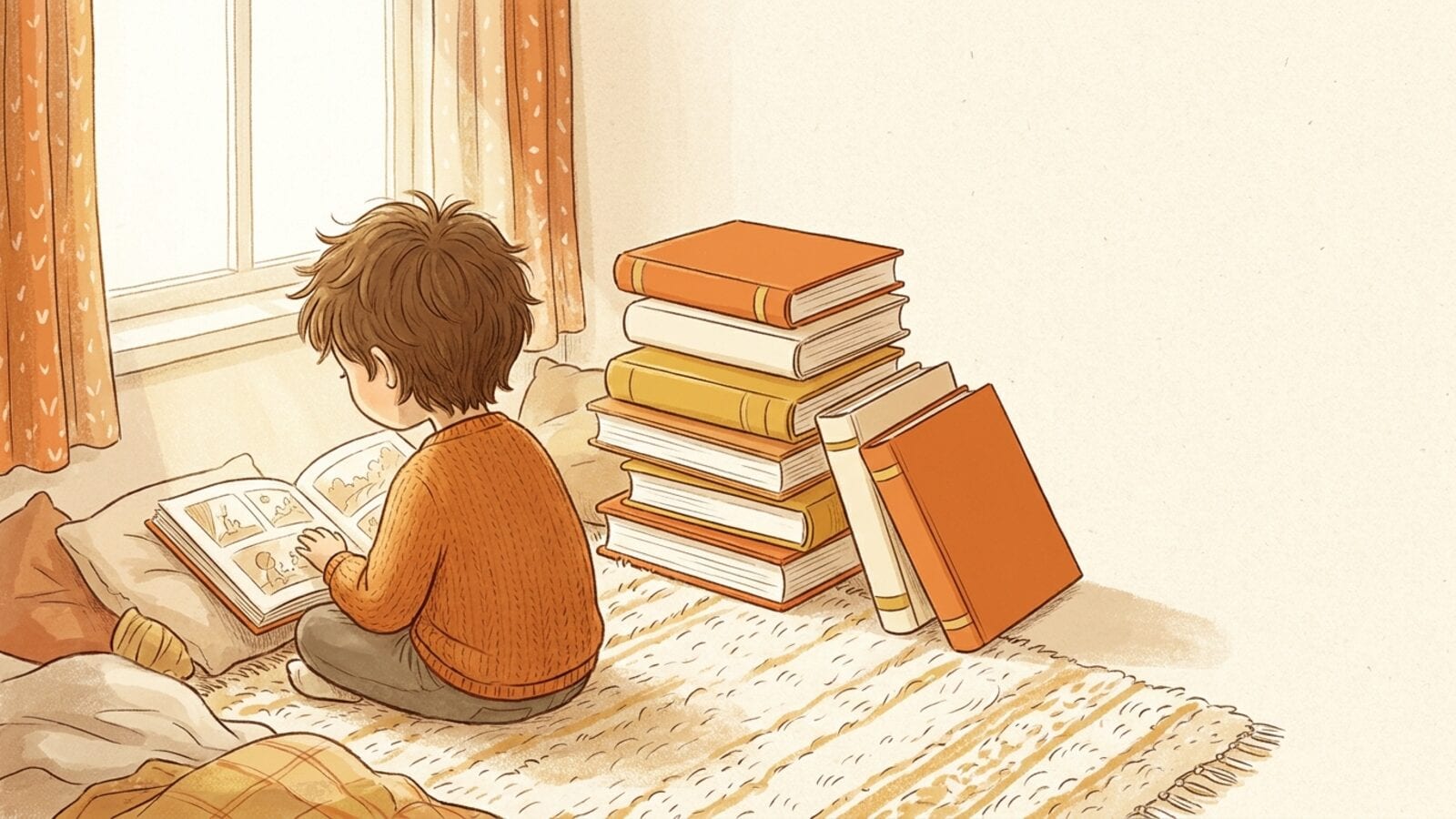 A child sits on a rug by a window reading an illustrated book, with a tall stack of books beside them.