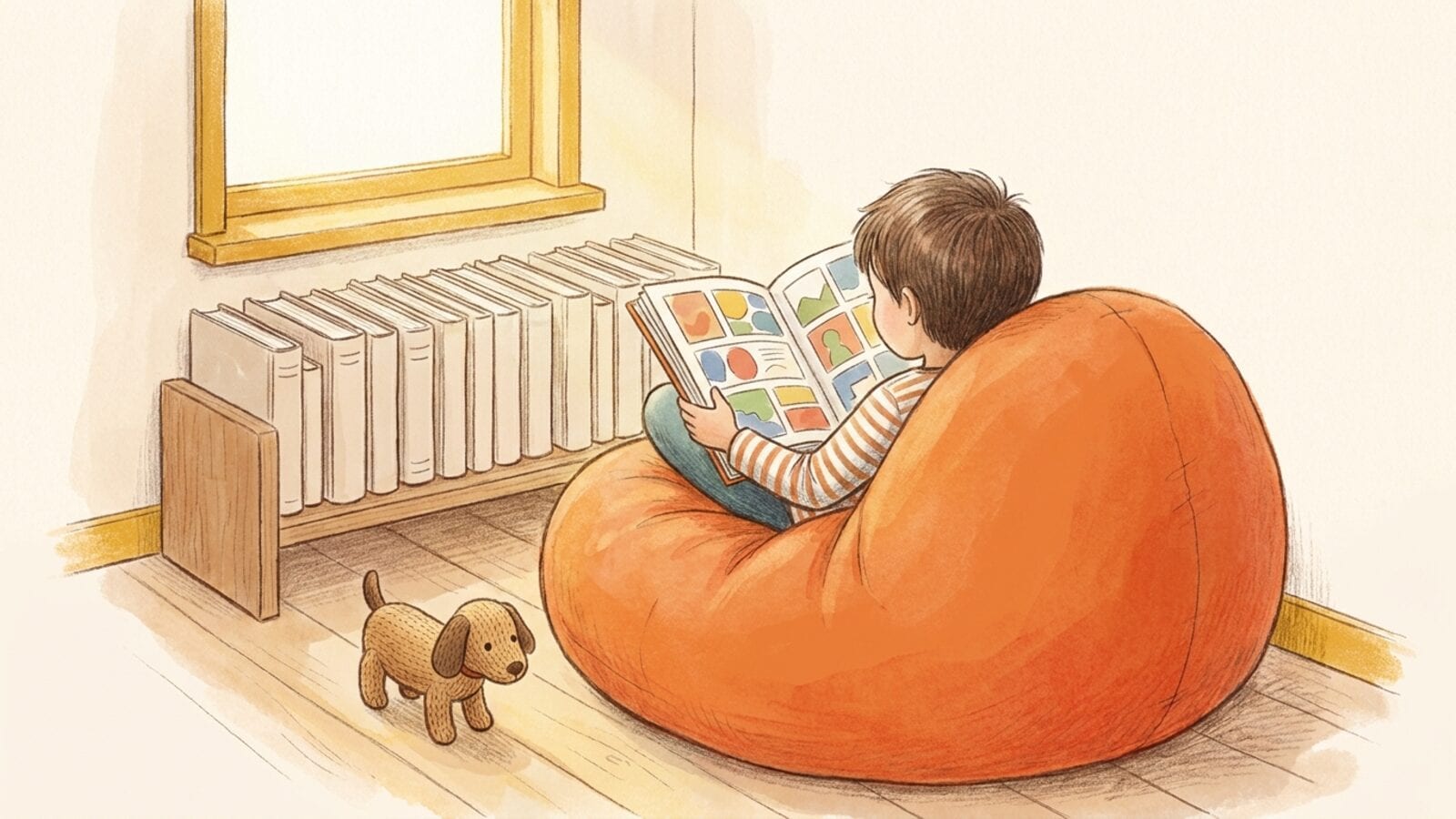 A child in a striped shirt reads a colorful comic book on an orange beanbag beside a low shelf of matching books, with a toy dog on the floor.