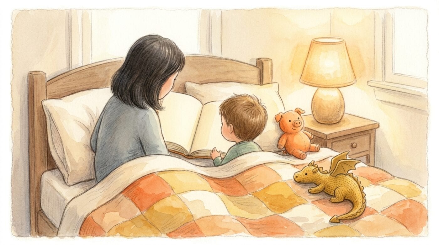 A parent and a five-year-old sit side by side in bed, seen from behind, reading a thick book by lamplight with a stuffed pig and a toy dragon on the quilt