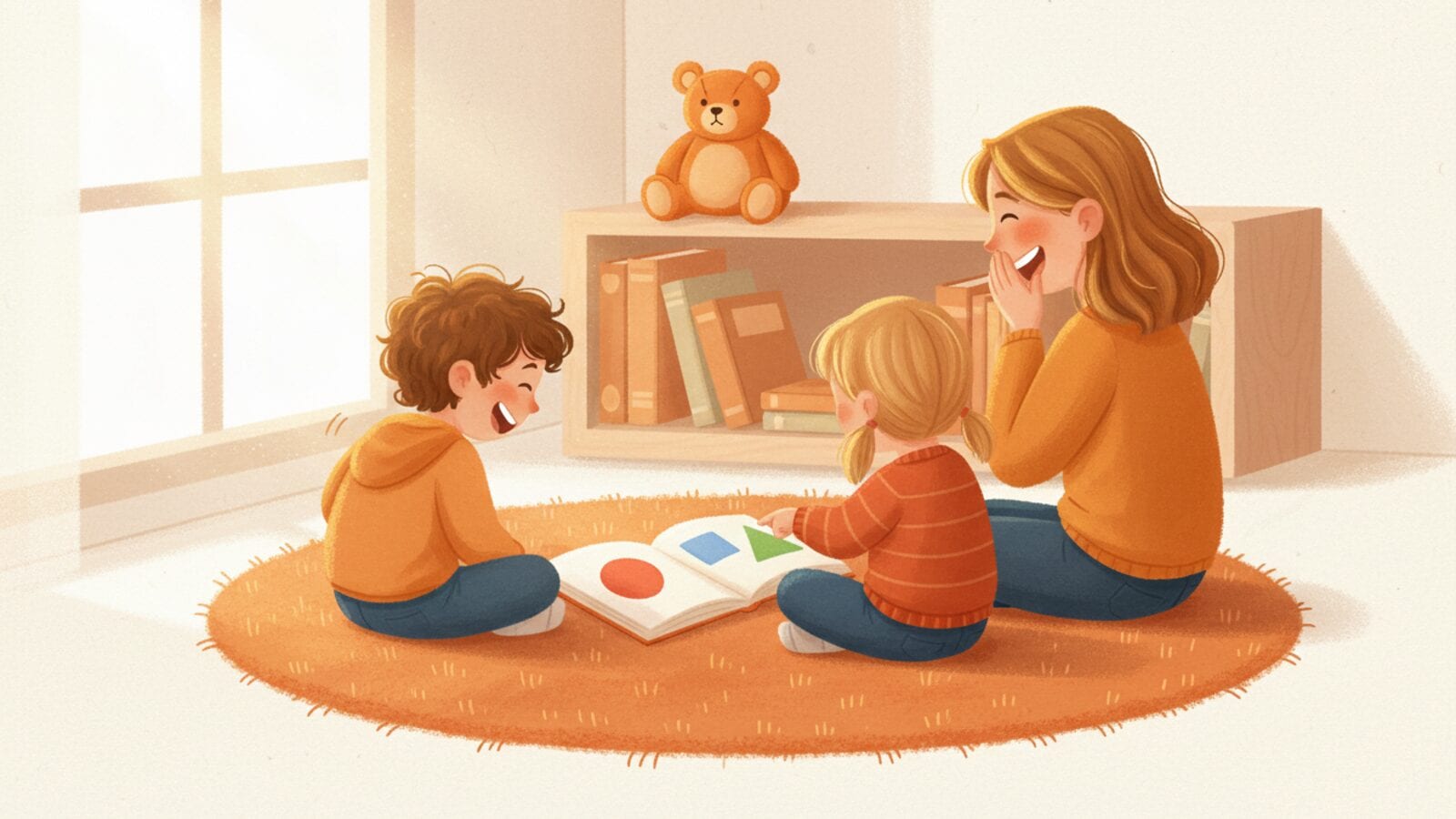 Two children and a parent sit on an orange rug and laugh over an open picture book of bright shapes, with a teddy bear and a shelf of plain books behind them.