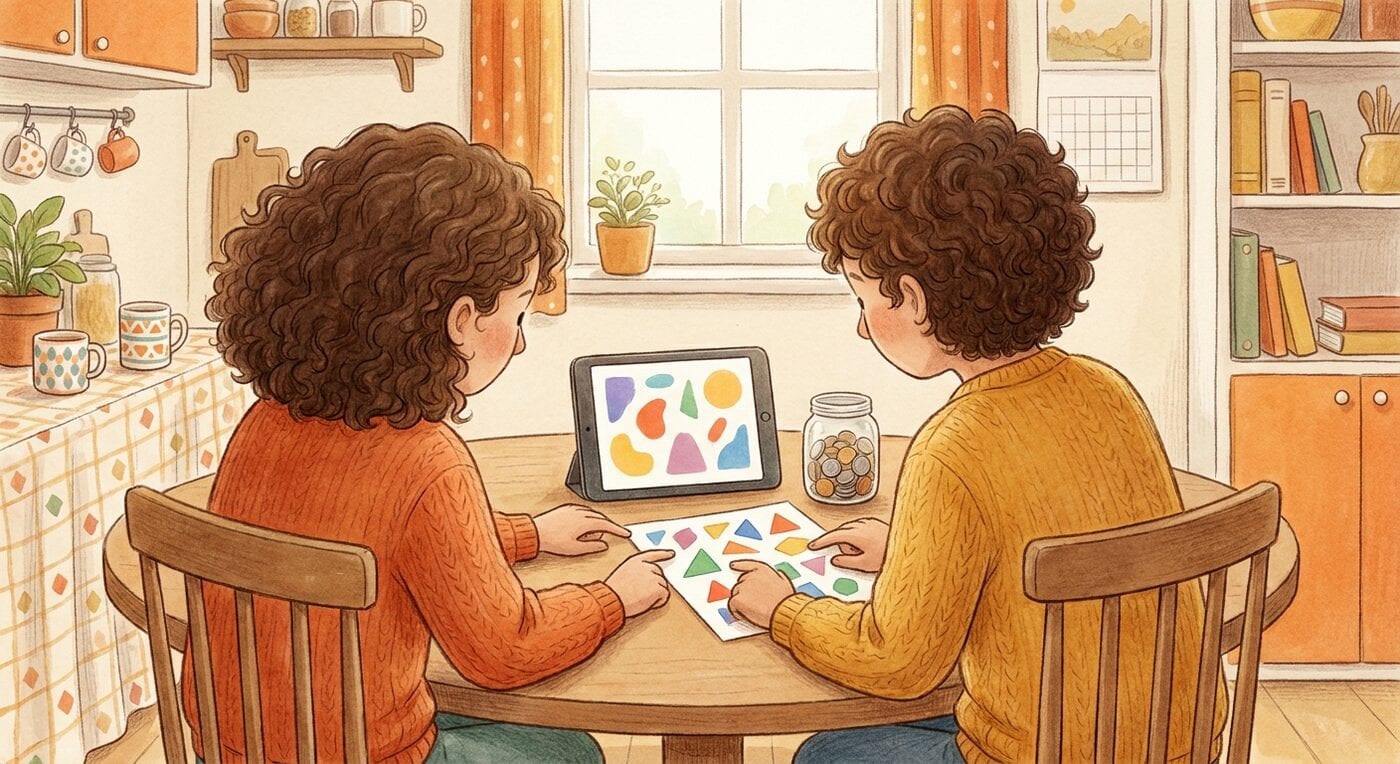 A parent and child at a kitchen table planning together over a tablet and a paper flyer, with a jar of coins between them