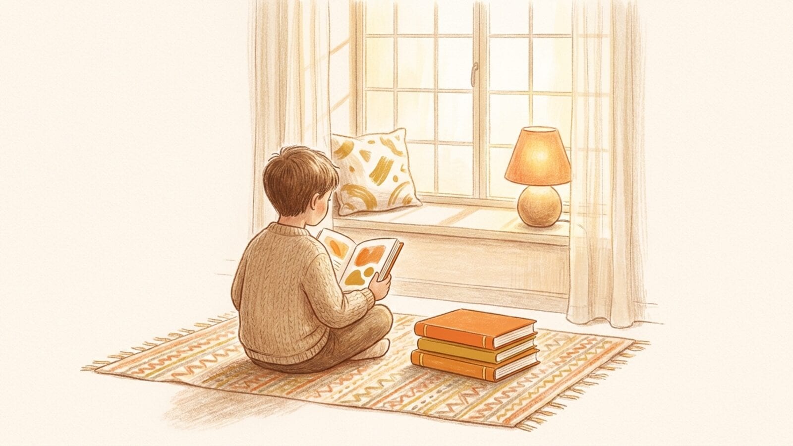 A child seen from behind sitting cross-legged on a striped rug by a sunny window, reading a small chapter book, with a stack of three plain orange and golden books beside a lamp.