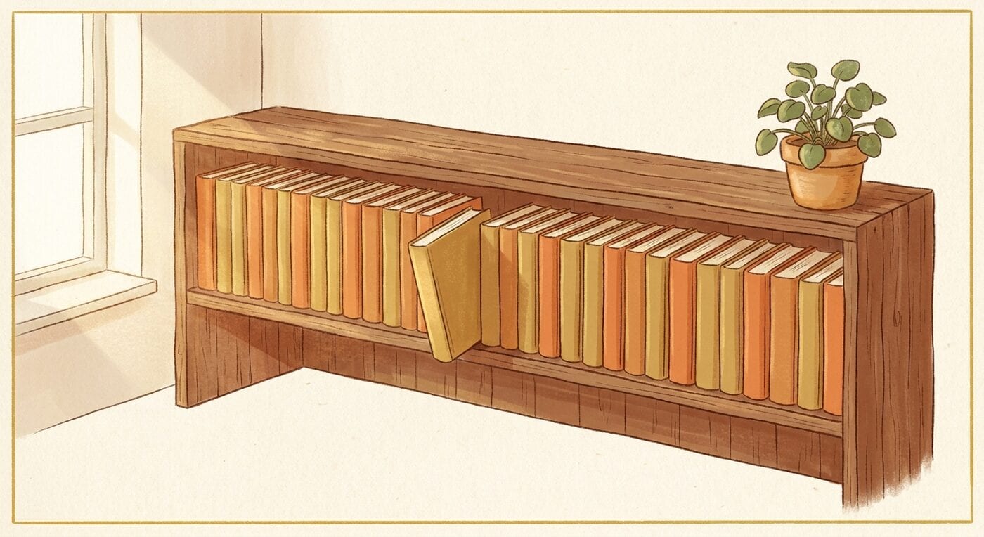 A long wooden shelf of plain orange and golden books with one book pulled forward, next to a sunny window