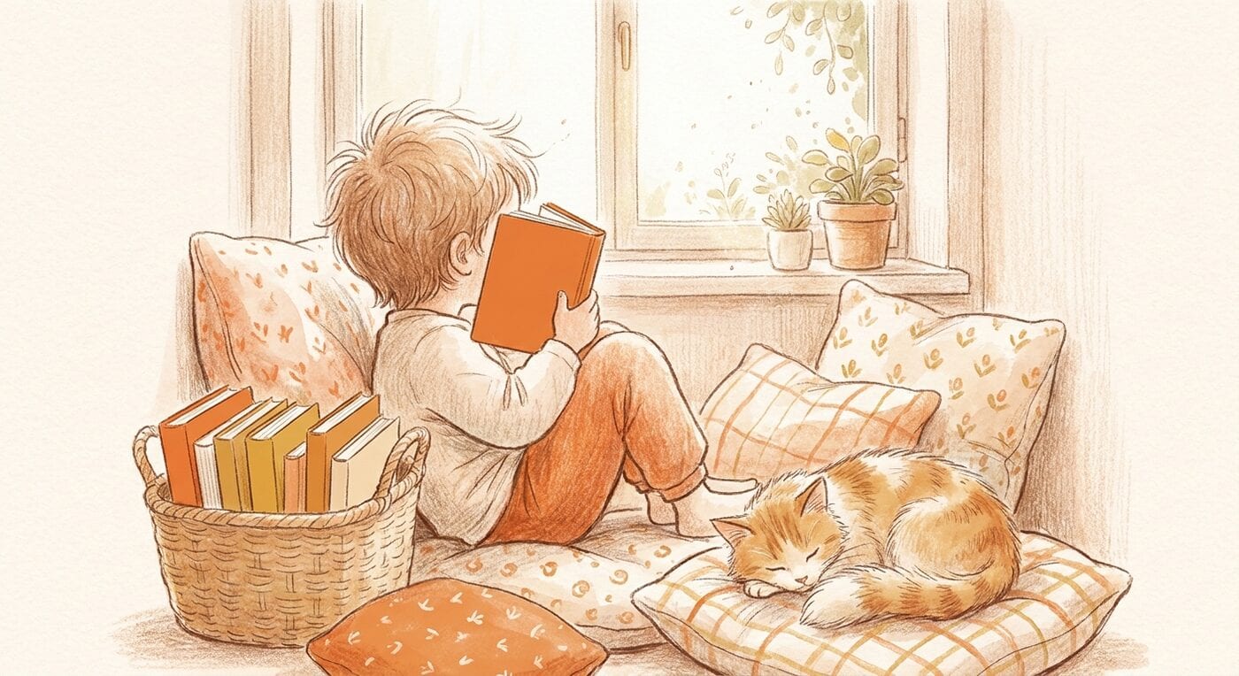 A young child seen from behind in a window reading nook, holding up a small orange book, with a basket of thin books and a sleeping cat