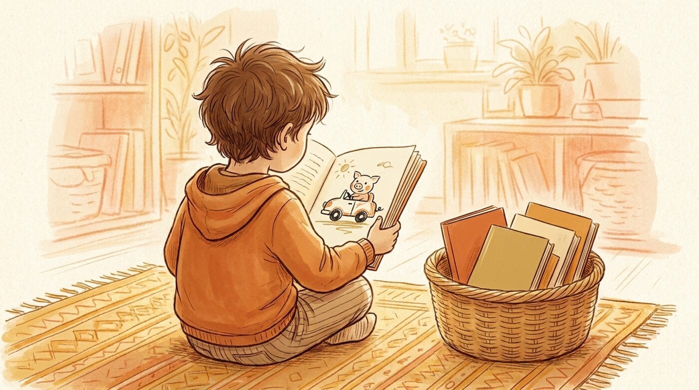 A young child seen from behind on a rug, reading an illustrated chapter book, with a basket of thin books beside them