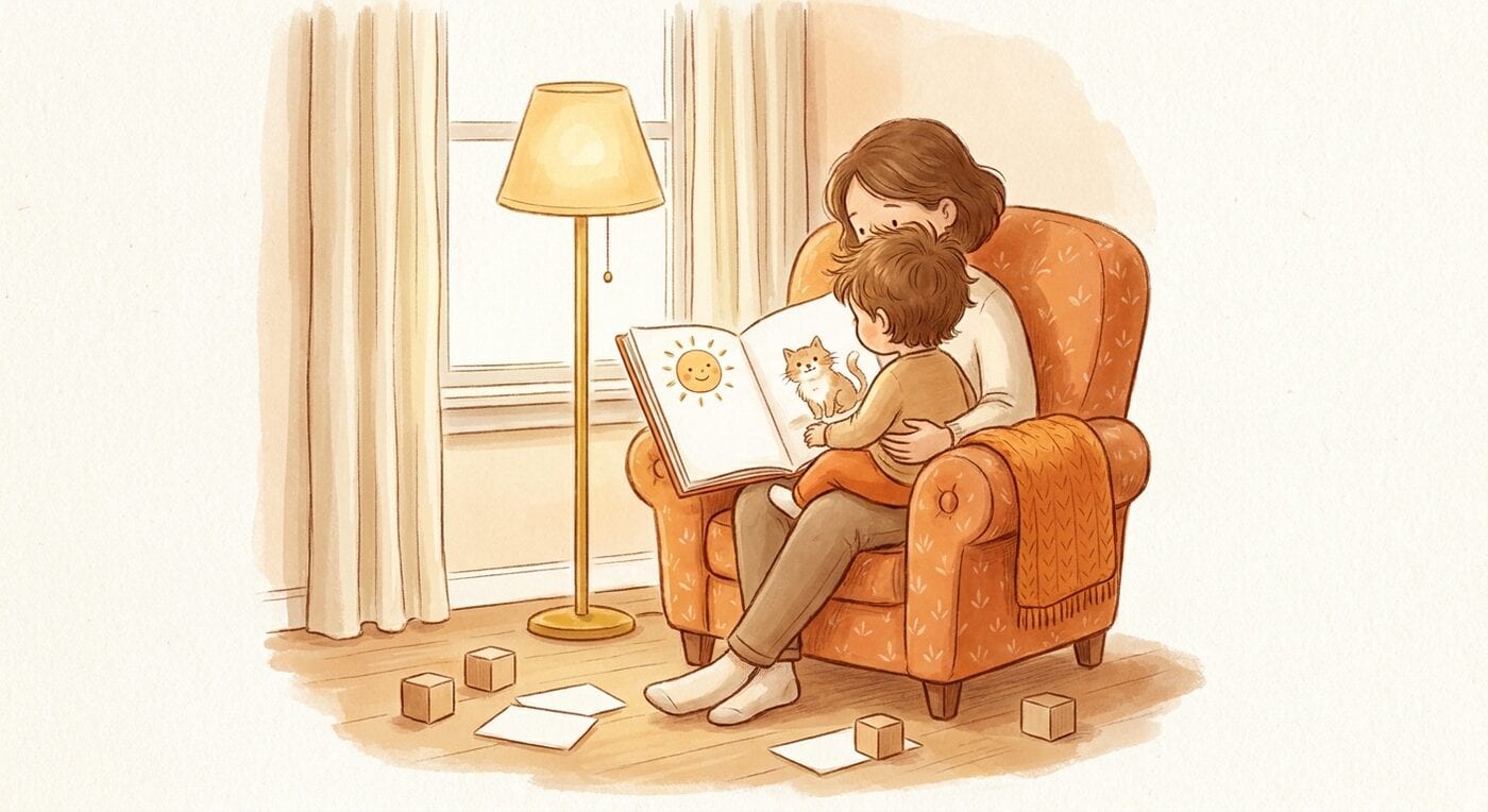 A young child on a parent's lap in an orange armchair by a window, both looking at an open picture book with a sun and a cat