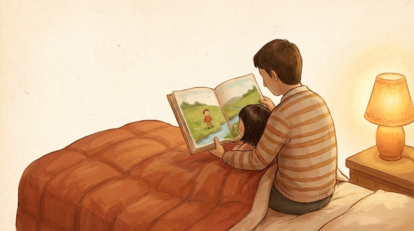 A parent sitting on the edge of a bed with a young child under an orange quilt, both looking at an open illustrated storybook by lamplight