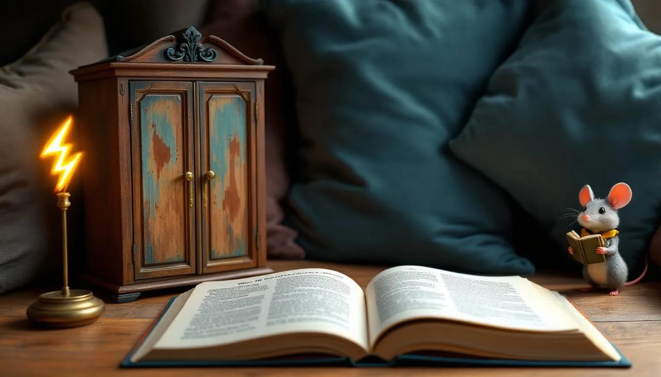 Open book beside a small wardrobe, a toy mouse and a lightning-bolt lamp