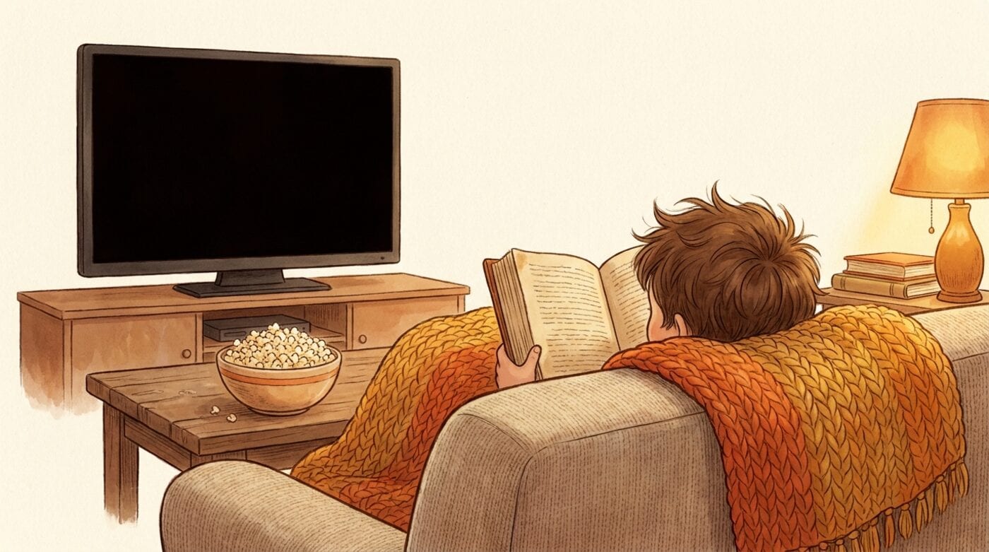 A child seen from behind on a sofa reading a thick book under a blanket, with a switched-off TV and a bowl of popcorn nearby