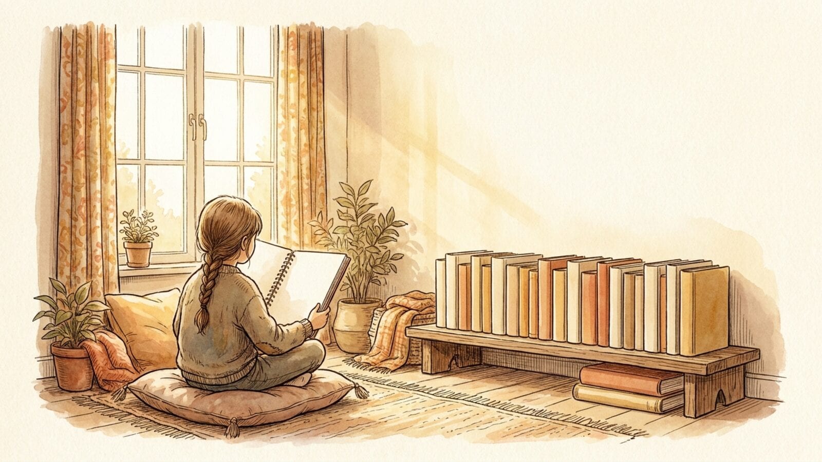 A child reading in a sunny window nook beside a long row of matching books on a low wooden shelf.