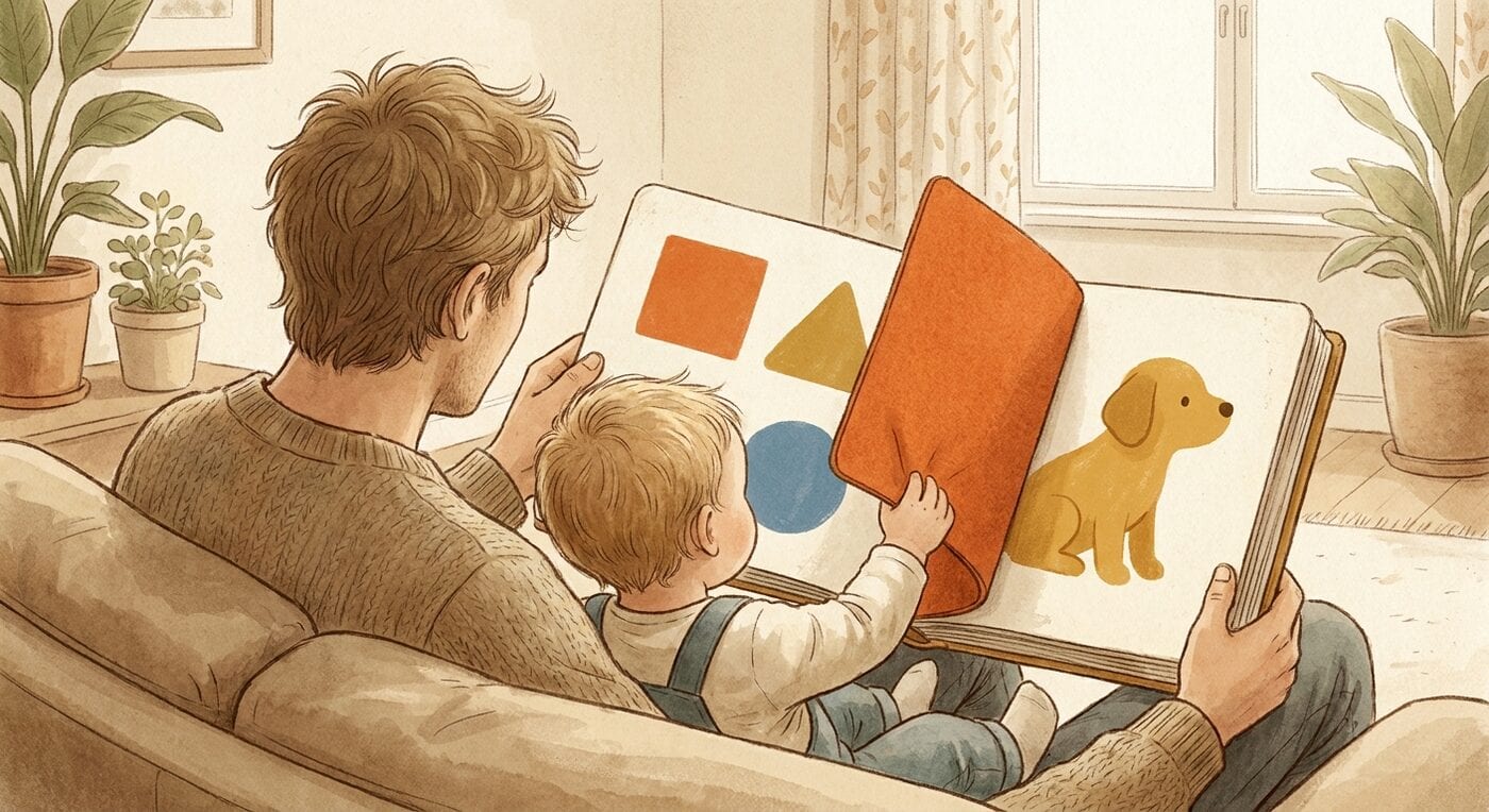 A baby on a parent's lap lifting a large felt flap in a board book to find a puppy underneath, both seen from behind on a sofa