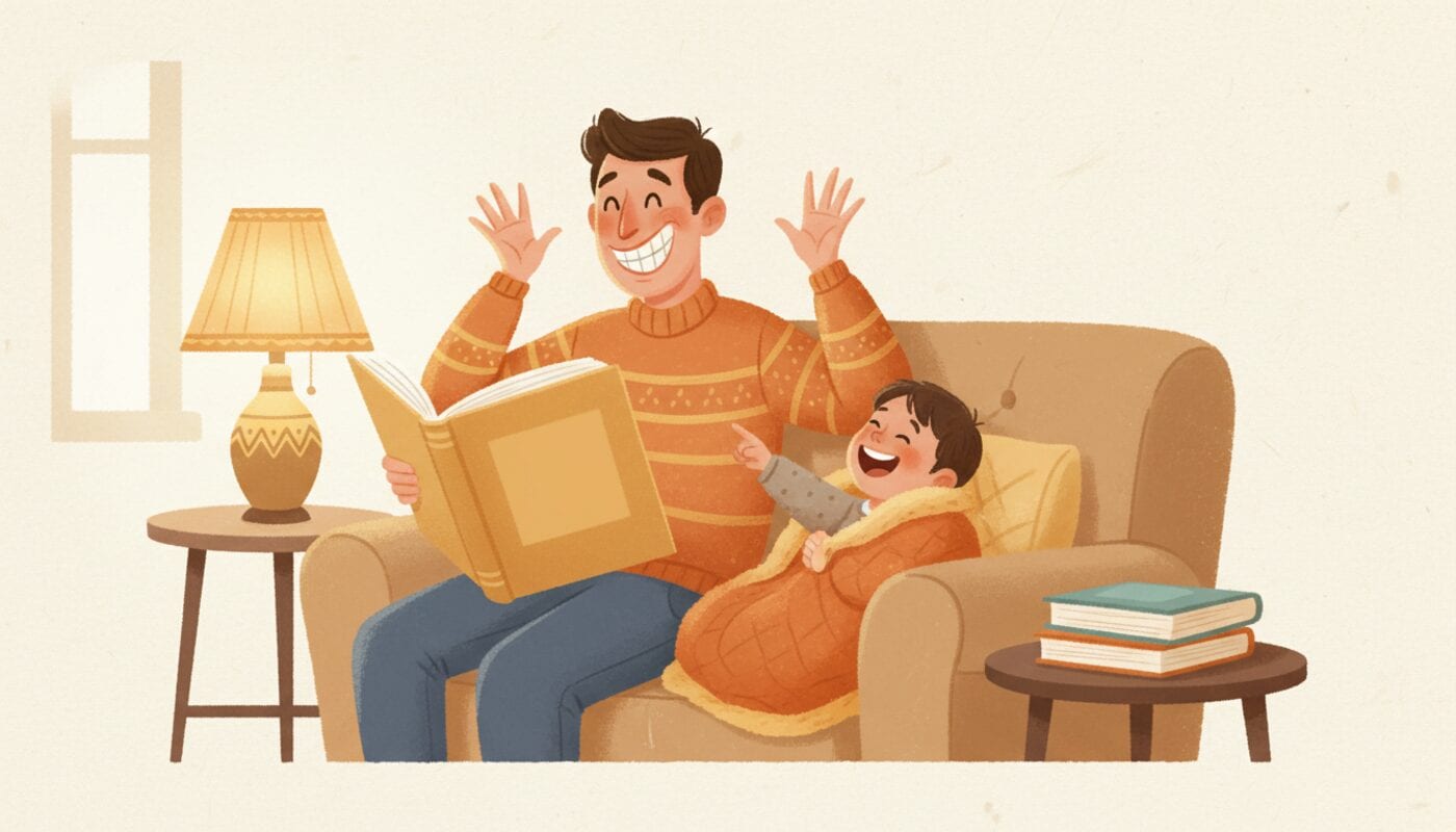 A parent with raised hands and a big grin reads aloud from a plain yellow book while a small child under an orange blanket laughs and points