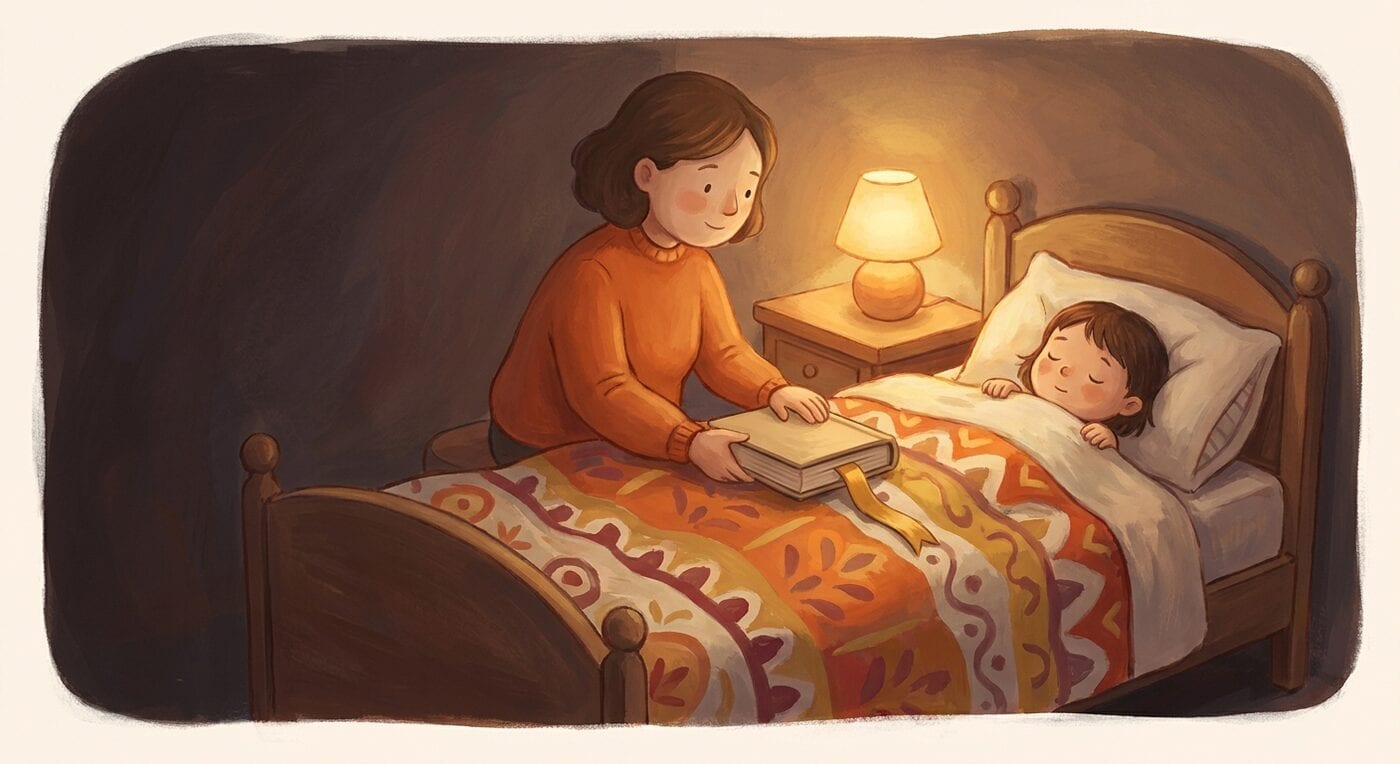 A parent closing a chapter book at the end of a bedtime story, beside a child in bed in a warm lamplit room