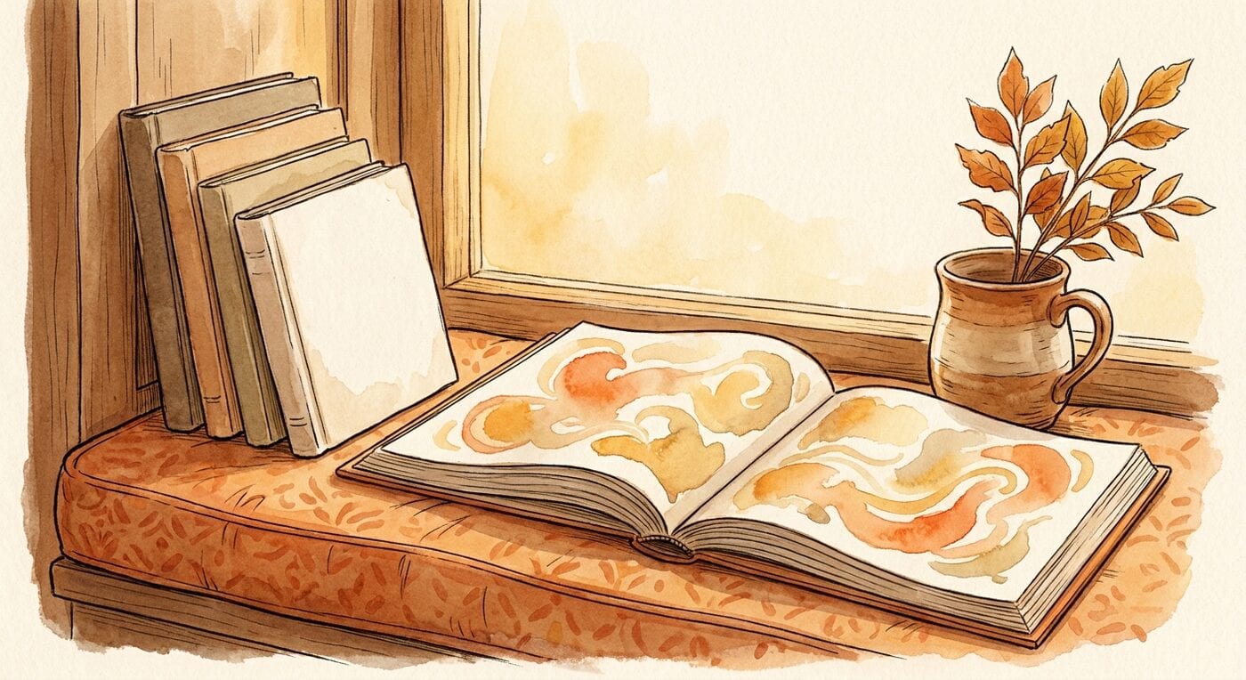 An open picture book on a window seat beside a leaning stack of slim storybooks in soft afternoon light
